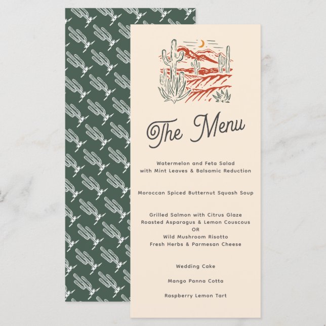 Menu Casamento de Paisagem do Deserto de Saguaro Cactus (Frente/Verso)