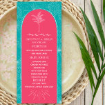 Menu Casamento de Palm Tree Pink & Blue Beach<br><div class="desc">A palma branca deixa o padrão de desenho da linha sobre fundo azul. Texto branco e desenho da palmeira sobre fundo de arco rosa</div>