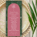 Menu Casamento de Palm Tree Pink & Green Beach<br><div class="desc">A palma branca deixa o padrão de desenho da linha sobre o fundo verde. Texto branco e palmeira desenhando sobre o fundo do arco rosa esboçado em amarelo ouro.</div>