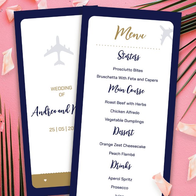 Menu Casamento de Passagem de Embarque Azul de Cal (Calligraphy Blue Boarding Pass Wedding Menu)
