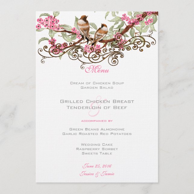 Menu Casamento de Pássaros com Amor e Cinza Rosa e (Frente)