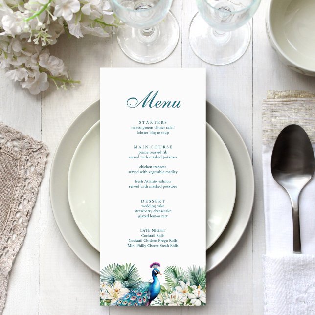 Menu Casamento de Peacock das Flores Tropicais de Teal (Teal Tropical Flowers Peacock Wedding Menu on a wedding table.)