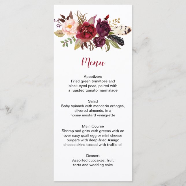 Menu Casamento de Penas Florais Rustic Boho Marsala (Frente)