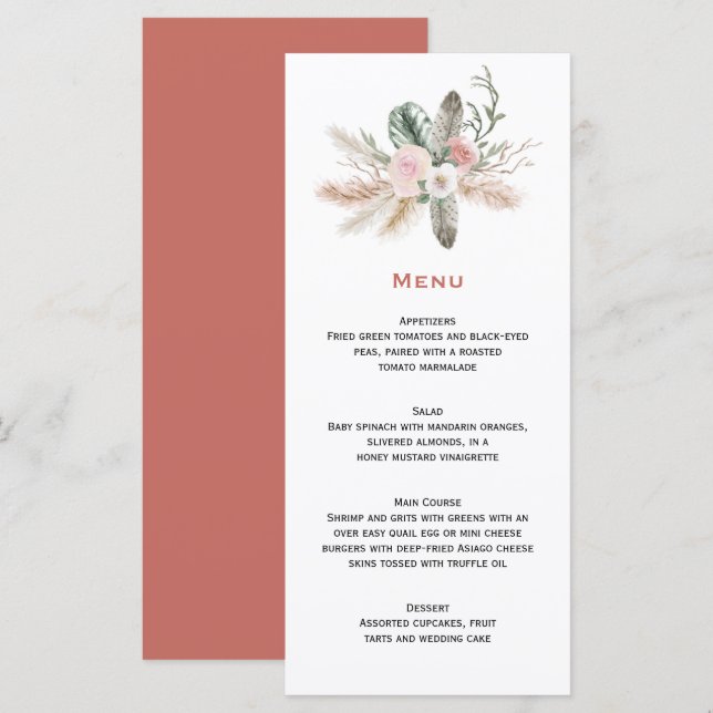Menu Casamento de Penas Tropicais Boêmicas Pampas (Frente/Verso)