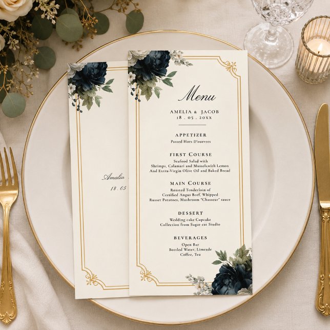 Menu Casamento de Peônia Azul Real com Detalhes em Mold (Blue Peony Wedding with Gold Frame)