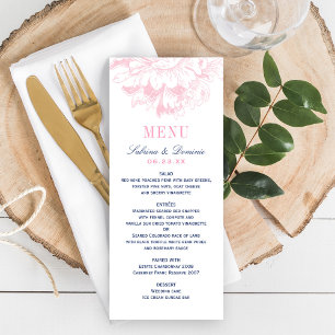 Menu Casamento de Peônia Floral Rosa e Azul-Marinho Ele