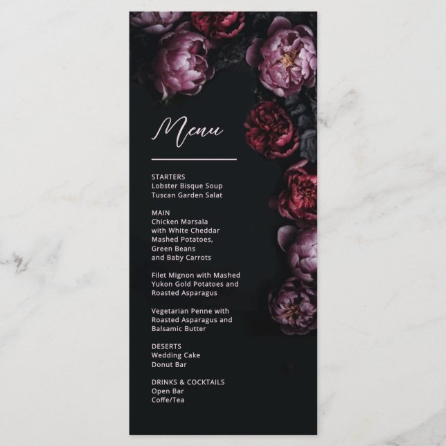 Menu Casamento de Peônia Roxa e Vermelho Escuro 3D (Frente)