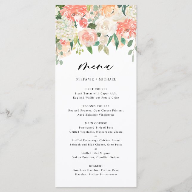 Menu Casamento de Pêssego e Flores de Marfim (Frente)