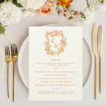 Menu Casamento De Pó De Monograma Floral Laranja De Mão<br><div class="desc">Traga um toque divertido e encantador para a sua recepção com este Cartão de Menu de Casamento de Monograma Floral Laranja Laranja. Apresentando uma crista floral casual, branca e design monográfica numa laranja rica ouro, este cartão de menu é perfeito para um casamento de jardim relaxado, casamento de verão, celebração...</div>