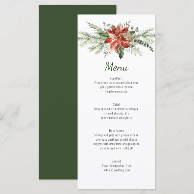 Menu Casamento de Poinsettia Vermelha Evergreen Branche (Frente/Verso)