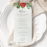 Menu Casamento de Poinsettia Winter Greenery<br><div class="desc">Lindos cartões de cardápio de casamento,  com ilustrações botânicas pintadas à mão de flores de poinsettia,  verduras de inverno,  galhos de pínus e espinhas e bagas sagradas. Escolha perfeita para casamentos de Natal.</div>