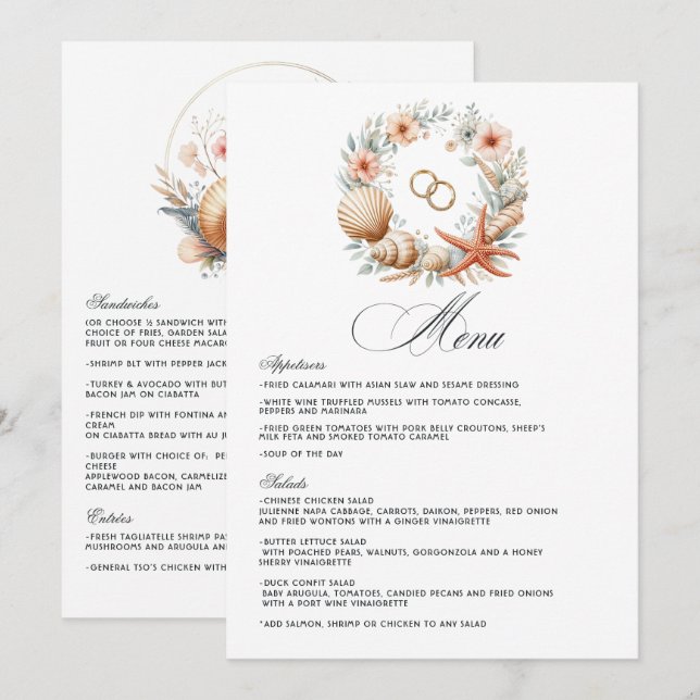 Menu Casamento de Praia Coastal Chic (Frente/Verso)