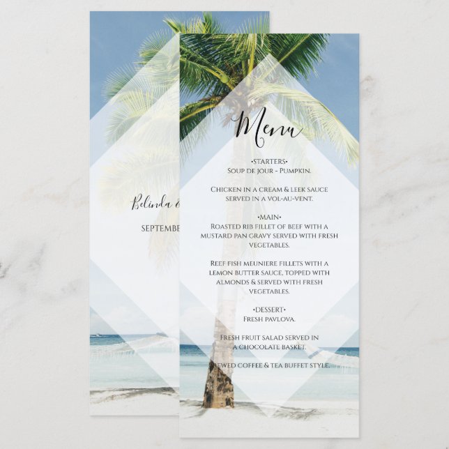 Menu Casamento de Praia de Palmeiras Tropicais (Frente/Verso)