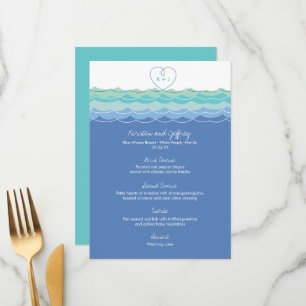 Menu Casamento de Praia do Monograma da Onda Blue Ocean