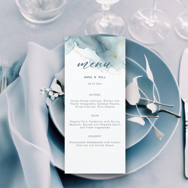 Menu Casamento de Praia Dourada de Verão com Azul Moder (dusty blue gold teal modern beach wedding menu romantic bohemian chic summer)