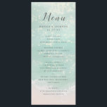 Menu Casamento de praia Elegante abstrato<br><div class="desc">Os menus românticos do casamento temático costeiro apresentam lindos turquesas abstrato com cor aquosa fundo oceânico cintilante e plano de fundo praiano, com na moda e detalhes elegantes do evento de fontes, modernos e simples, excelente para o casamento da praia de areia, casamento de destino tropical, casamento com tema oceânico...</div>