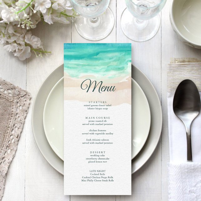 Menu Casamento de Praia Tropical de Watercolor (Watercolor Tropical Beach Wedding Menu on white wedding dinner table)