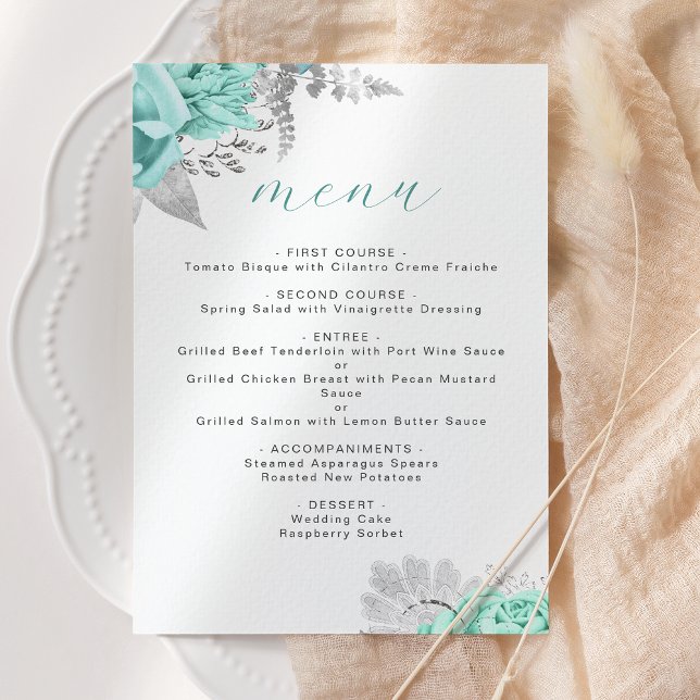 Menu Casamento de Prata de Aqua Floral Elegante (Criador carregado)