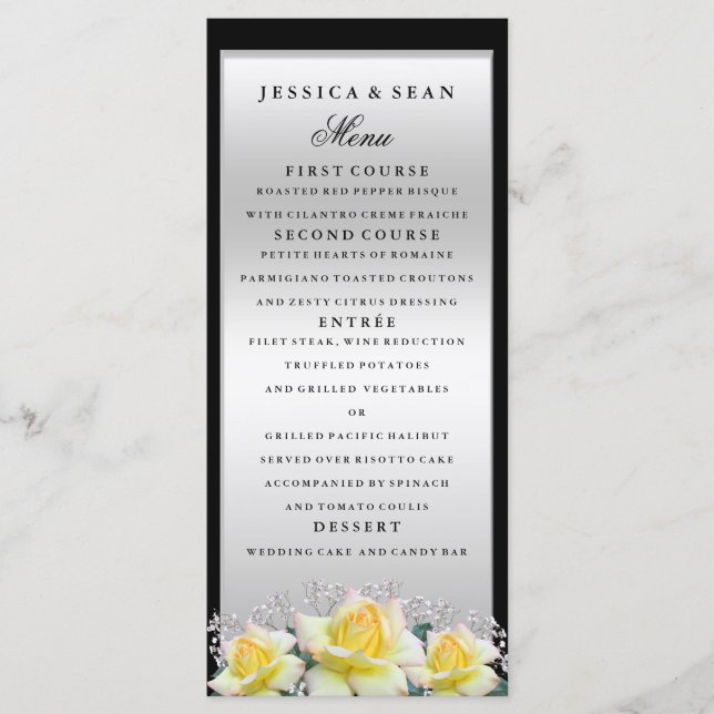 Menu Casamento de prata de Rosas elegantes chic (Frente)