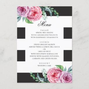 Menu Casamento de preto e branco. Flor cor de água ros