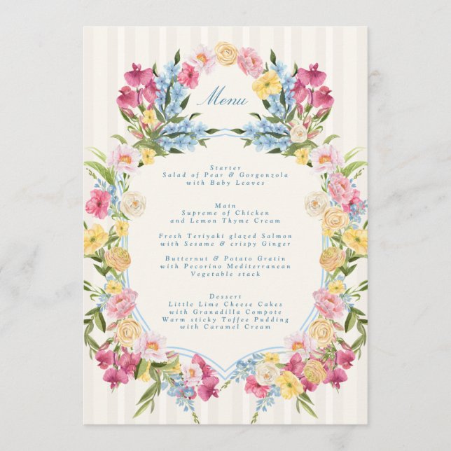 Menu Casamento de Primavera com Monograma Floral Azul F (Frente)