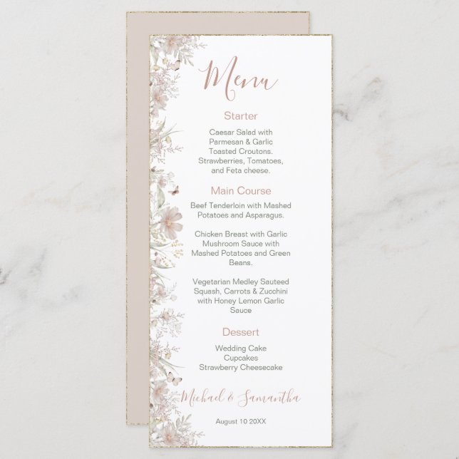 Menu Casamento de primavera de Blush e Sage Wildflower (Frente/Verso)
