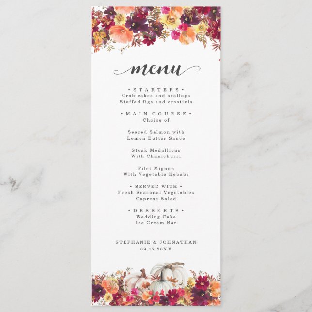 Menu Casamento de Pumpkin Floral de Queda Elegante (Frente)