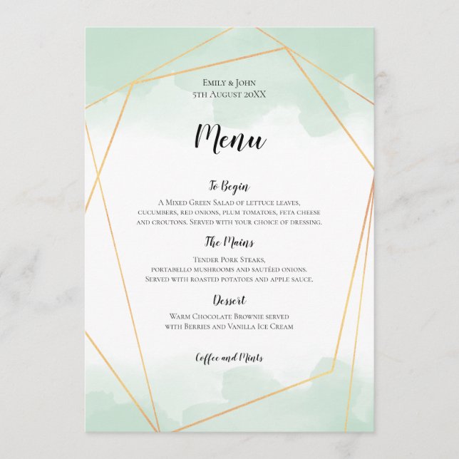 Menu Casamento de Quadro Geométrico Dourado com Cor Ver (Frente)