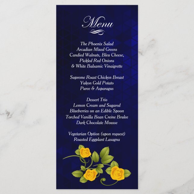 Menu Casamento de Rosa Amarelo e Azul Escuro (Frente)