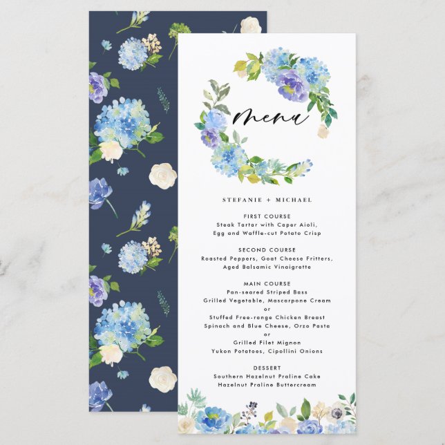 Menu Casamento de Rosa azul e Hydrangea Floral Wreath (Frente/Verso)