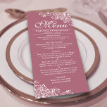 Menu Casamento de Rosa de Elegante e Cantos Brancos Ami<br><div class="desc">Este belo rosa empoeirado ou menu colorido cor-de-rosa mauve irá adicionar algum estilo à sua recepção de casamento. Ele apresenta um design simples, mas bonito, com letras elegantes de escrita e ornamentados decorativos e espirais brancos nos cantos. Há espaço para os nomes do casal e da data do casamento, e...</div>