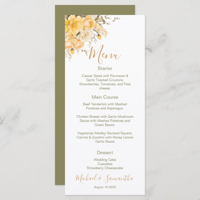 Menu Casamento de Rosa de marfim e amarelo legante (Frente/Verso)