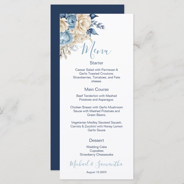 Menu Casamento de Rosa de marfim e azul legante (Frente/Verso)