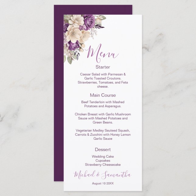 Menu Casamento de Rosa de marfim e roxo elegante (Frente/Verso)
