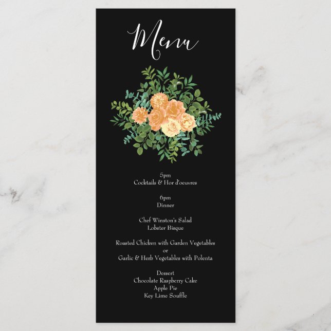 Menu Casamento de Rosa de Pêssego e Preto Elegante (Frente)