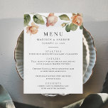 Menu Casamento de Rosa de Pêssego Elegante<br><div class="desc">Apresentando nossos menus de casamento Elegante de Rosa de Pêssego em Aquarela, onde elegância encontra funcionalidade em todos os detalhes. Adorada com uma borda de rosas de pêssego delicadas e folhas verdes esmagadas, esta design complementa lindamente nosso tema de casamento encantador. Personalize o menu de cor de pêssego adicionando os...</div>