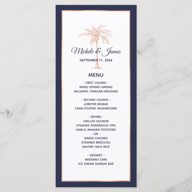 Menu Casamento de Rosa Dourada Cobre e Azul Marinho com (Frente)