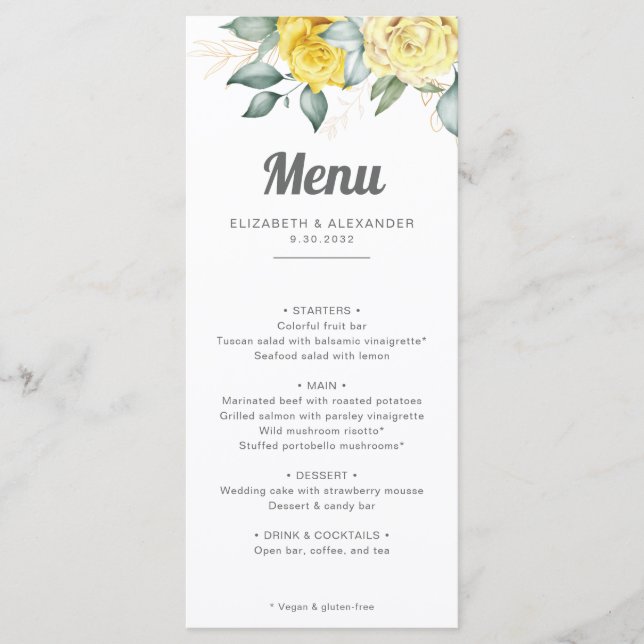 Menu Casamento de rosas amarelas românticas elegantes (Frente)