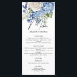 Menu Casamento de Rosas Brancas de Hydrangea Blue Water<br><div class="desc">Design de casamento floral elegante com arranjos florais pintados a aquarelas de flores azuis de hydrangea,  verde e rosas brancas.</div>