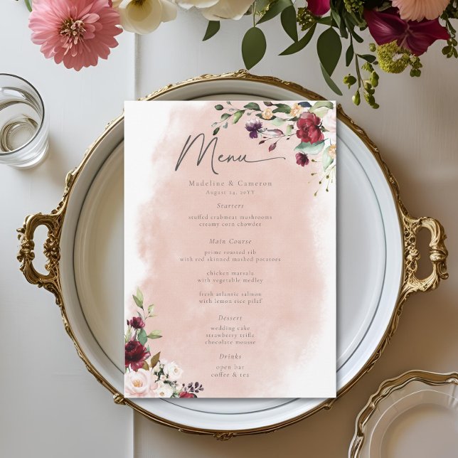 Menu Casamento de Rosas Burgundy Rústico e Rosa Desbota (Rustic Burgundy & Blush Pink Roses Wedding Menu)