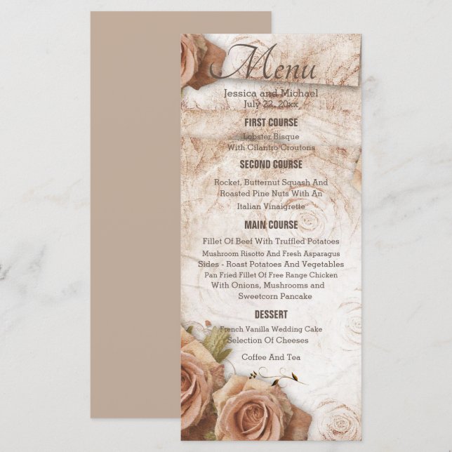 Menu Casamento de Rosas de cor suave (Frente/Verso)