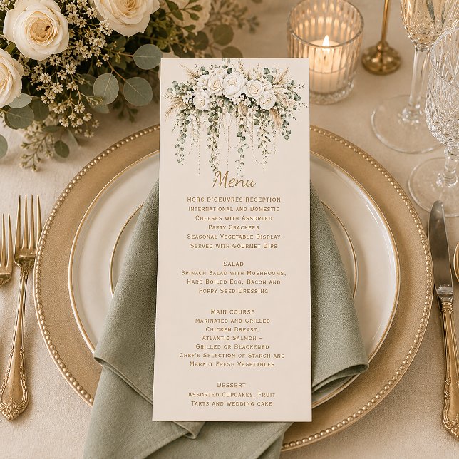 Menu Casamento de Rosas de Marfim Boho Elegante | (Criador carregado)