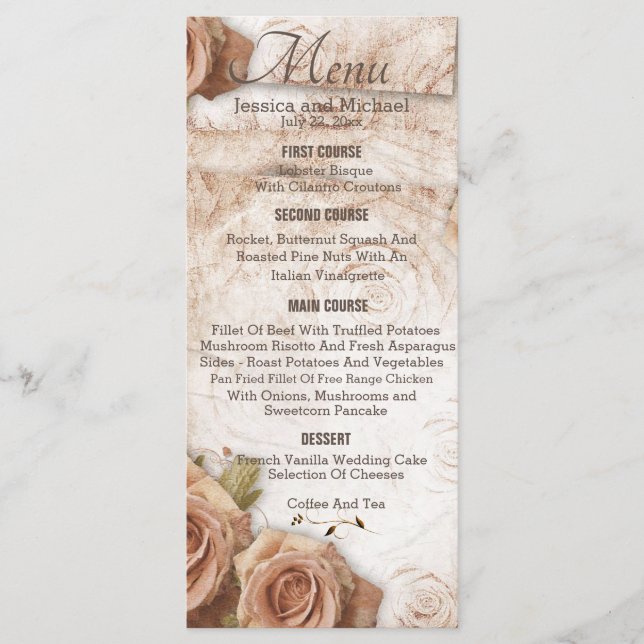 Menu Casamento de Rosas de Pêssego Suave (Frente)