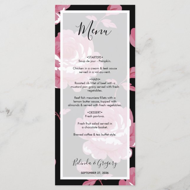 Menu Casamento de Rosas Elegante Rosa Vintage (Frente)