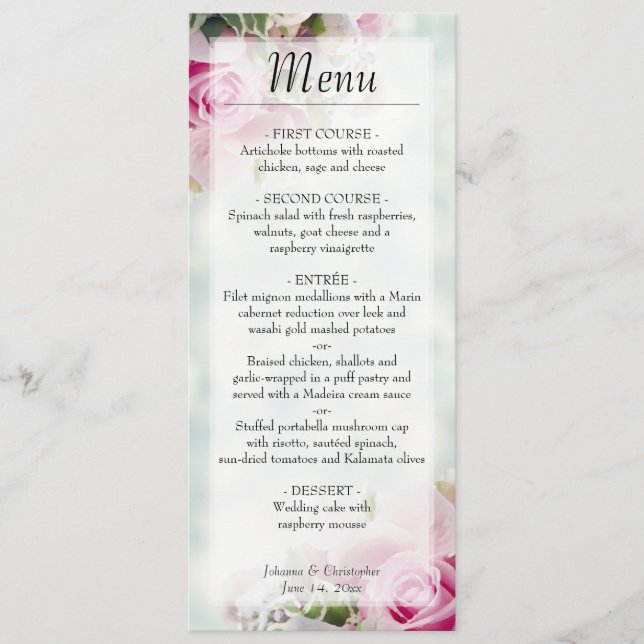 Menu Casamento de Rosas Florais Rosa Elegante e Buds Pe (Frente)