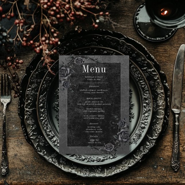 Menu Casamento de Rosas Pretos Góticos Raven e Pretos (Criador carregado)