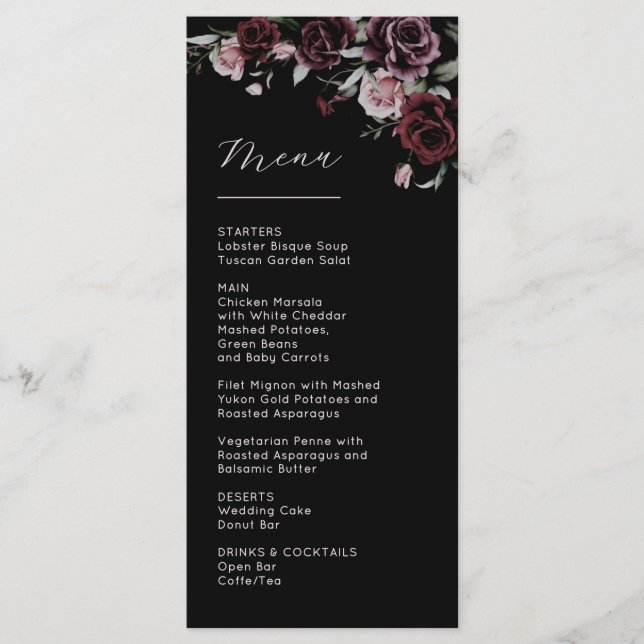 Menu Casamento de Rosas Sombrias e Temperamentais (Frente)