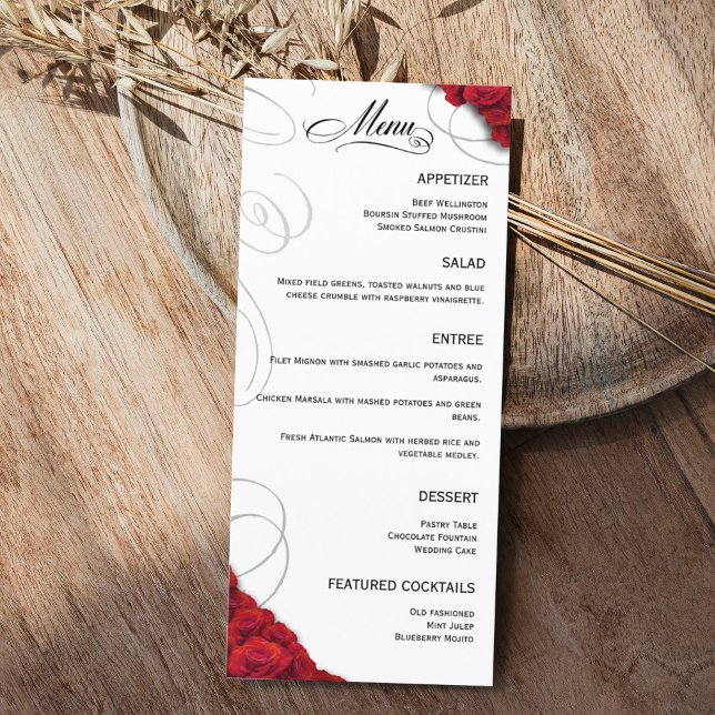 Menu Casamento de Rosas vermelhas (Red Rose Flourish Wedding Menu for Reception)