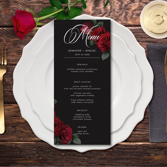 Menu Casamento de Rosas vermelhas de sangue Elegante (Elegant Moody Blood Red Roses Wedding Long Menu)