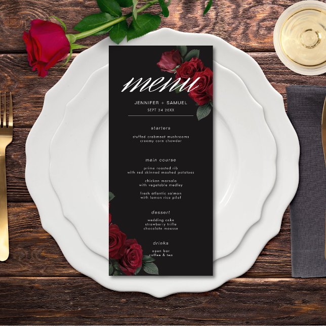 Menu Casamento de Rosas vermelhas de sangue Elegante (Elegant Moody Blood Red Roses Wedding Long Menu)
